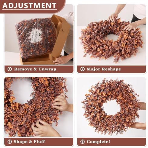 24" artificial fall boxwood wreath for front door showing dimensions