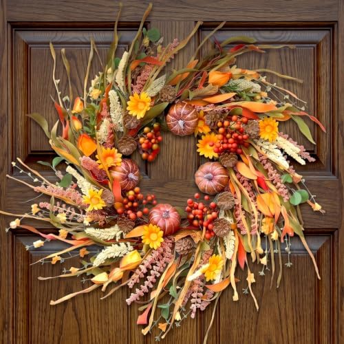 26 inch pumpkin fall wreath for front door, main product view