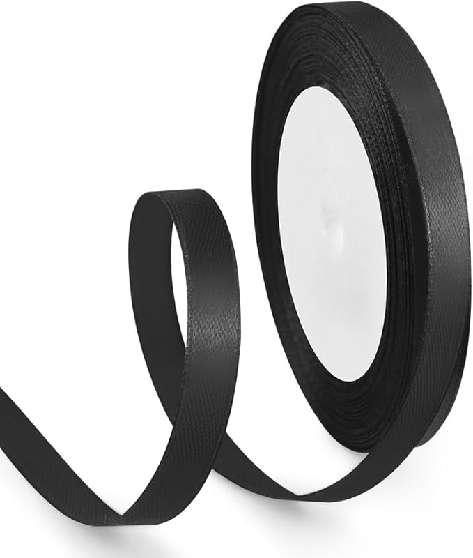 3/8 Inch 25 Yards Satin Ribbon Black, Solid Color Fabric Ribbon for Gift Wrapping, Wedding, Polyester Gift Ribbon for Birthday Party Decoration, Craft, Hair, Floral, Sewing