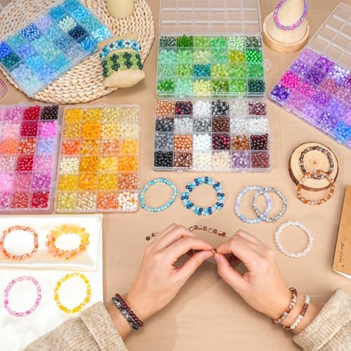6mm glass beads bracelet making kit, 144 colors on a desk or shelf