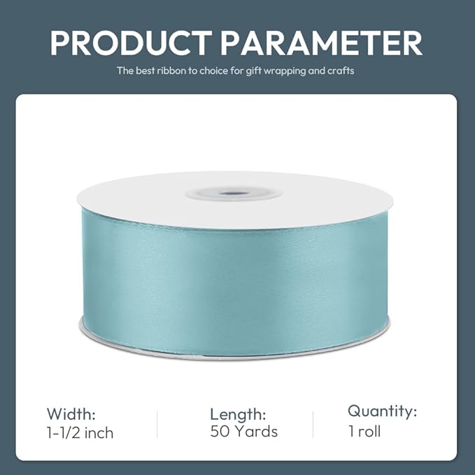 KMER LIFE 1-1/2" Wide x 50 Yards Baby Blue Single Faced Polyester Satin Ribbon - Perfect for Wedding Decor, Wreaths, Crafts, Gift Wrapping & Other Projects