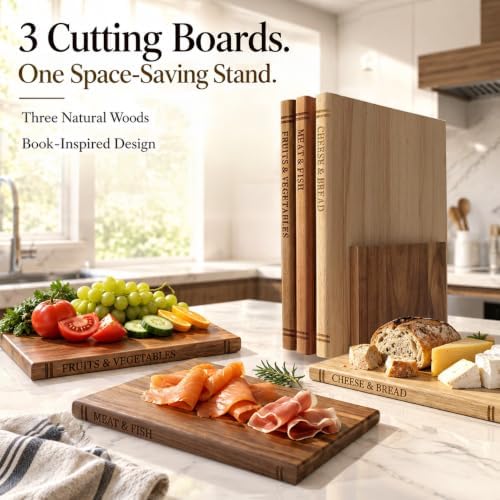 premium book cutting board set with stand – shown in use