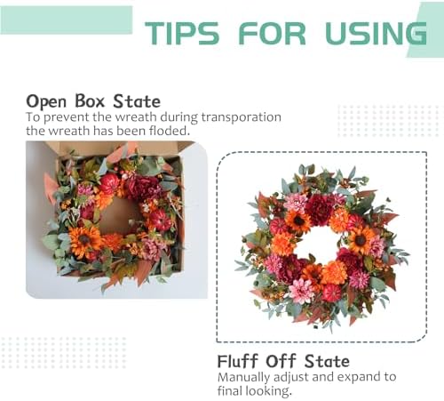 24" fall flower wreath with sunflowers peony pumpkins, package contents