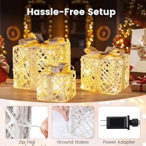 tangkula set of 3 lighted box, pre-lit festive, side view