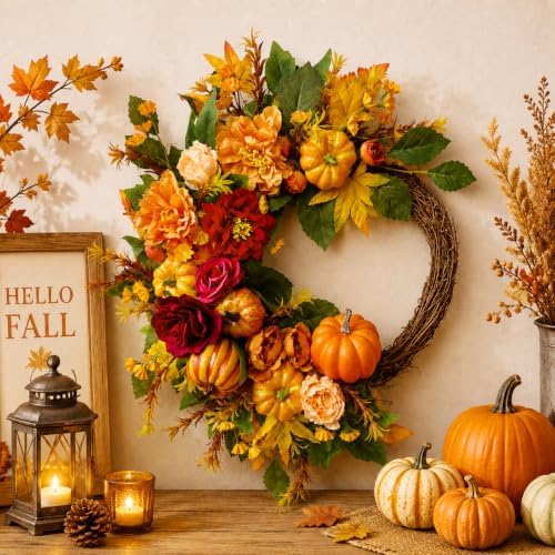 suncalla fall wreath for front door 20" autumn, side view