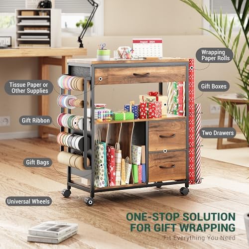 punluxu wrapping paper storage cart for 12 rolls shown in use