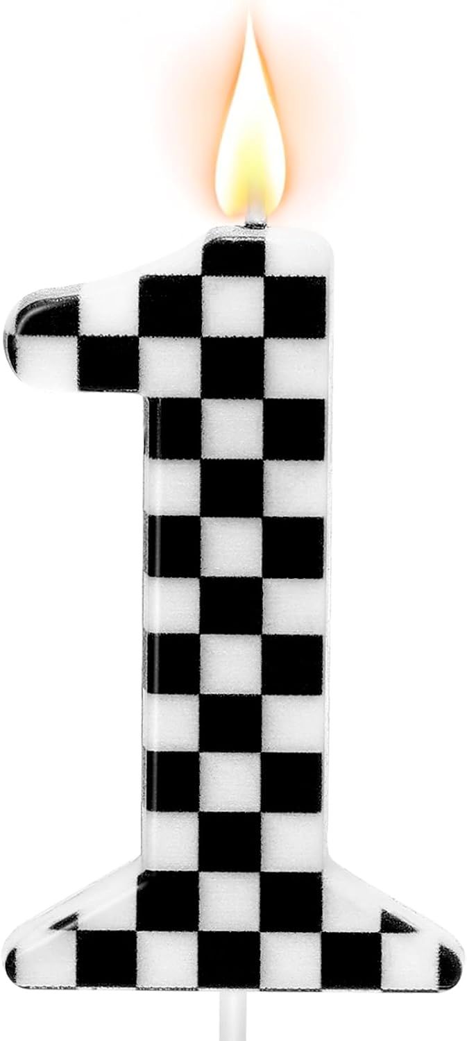 Racing Car Themed Birthday Candles, Number 1 Checkered Candles, Black & White Checkered Cake Topper, Cool Racing Themed Party Supplies, Special Candle