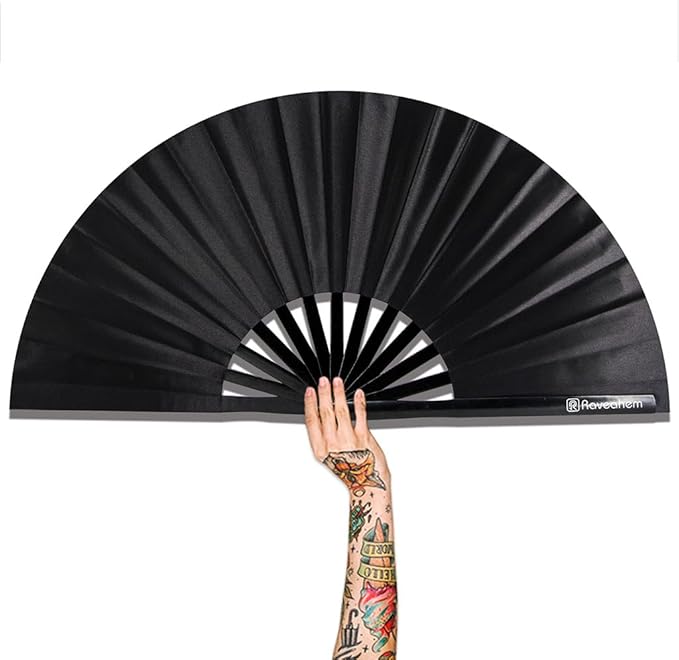 13" Large Rave Fan Bamboo, Folding Clack Hand Fans Foldable for Men Women, Boots on the Ground Poping Fan for EDM Festival Line Dance Decoration, (Black2, Large 13")