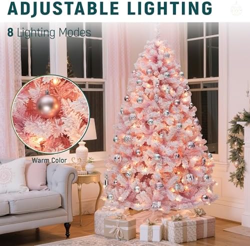 yitahome 6ft prelit pink flocked christmas tree with, side view