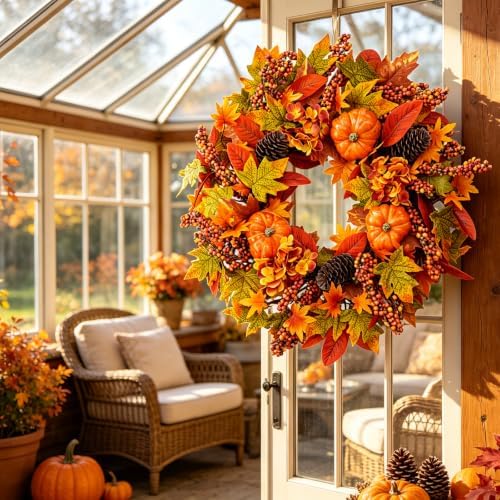 24 inch harvest fall wreath, farmhouse pumpkin pinecone, front angle view
