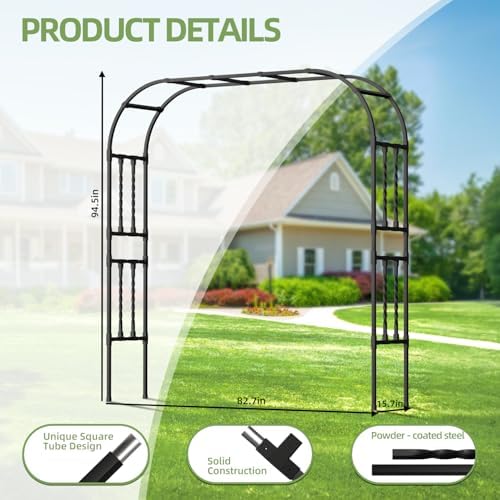 square tube metal garden arbor trellis, 6.9x7.9ft shown in use