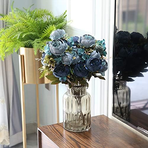 Kimura's Cabin Fake Peonies 2Bouquets Faux Silk Flower Vintage Artificial Peony Face Flowers Arrangement Bouquets for Home Table Centerpieces Wedding Party Decoration (Deep Lake Blue)