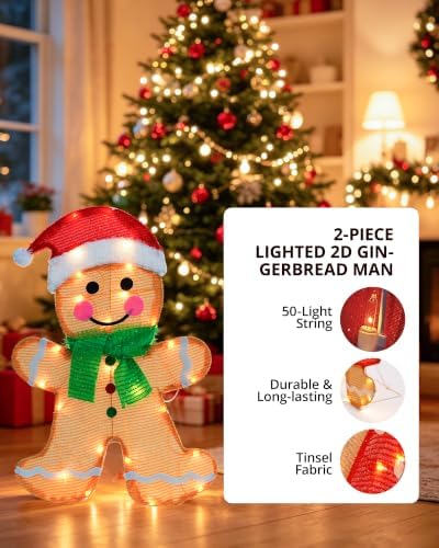 2-piece lighted 2d gingerbread man christmas decorations outdoor, close-up detail
