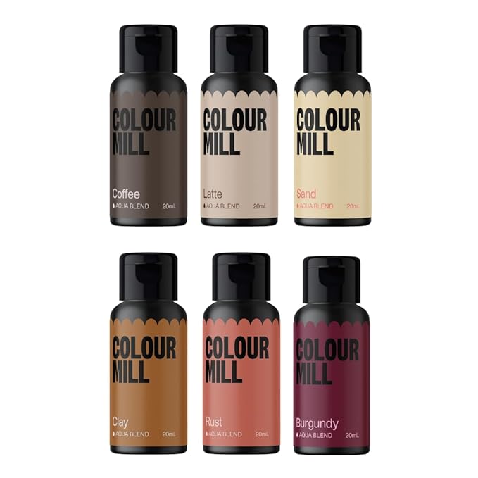 Colour Mill Outback Pack Aqua Blend Water-Based Food Coloring, 20 Milliliters Each of 6 Colors: Burgundy, Clay, Coffee, Latte, Rust and Sand