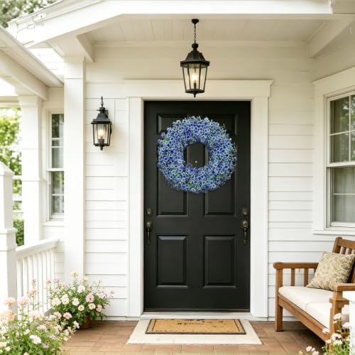 24" blue artificial floral wreath for front door, view 9
