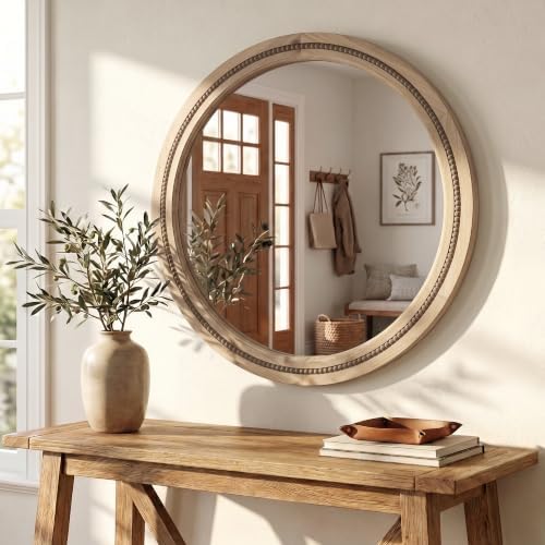 solid wood 30 inch round beaded vanity wall shown in use
