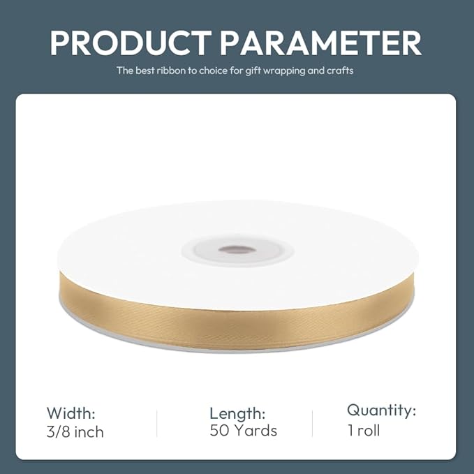 3/8" Wide x 50 Yards Champagne Gold Single Faced Polyester Satin Ribbon for Wedding Decor, Wreath, Crafts, Gift Wrapping & Other Projects