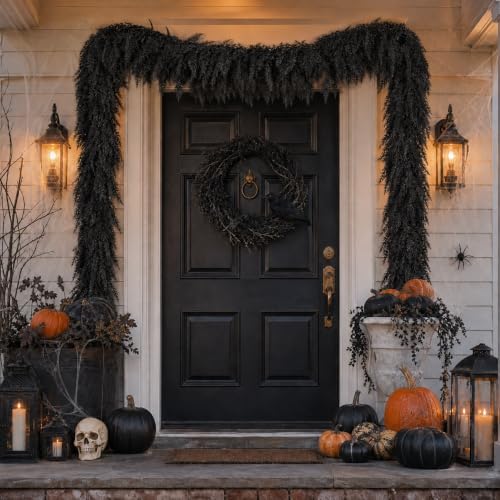 black halloween mantle garland decor gothic garlands for, close-up detail