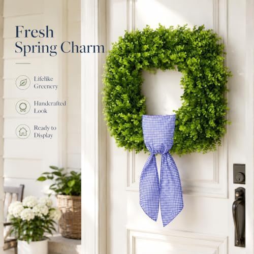 24'' large square green boxwood wreaths for front, package contents