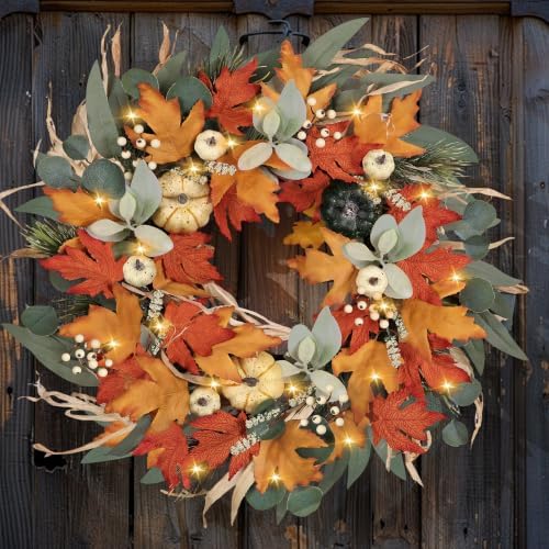 realistic fall wreath with lights/timer 24 inch fall, view 9