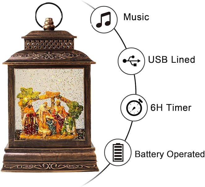Christmas Snow Globe Lantern Water Nativity Scene & Manger Scene with Music & Timer, USB Lined/Battery Operated Lighted Lantern for Christmas Festival Decoration Gifts