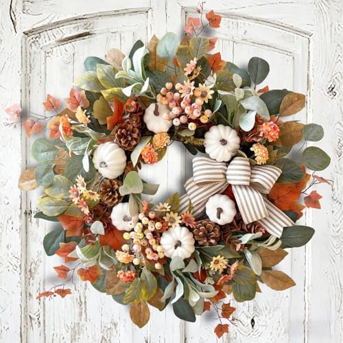 wanna-cul 24 inch farmhouse fall wreath for front on a desk or shelf