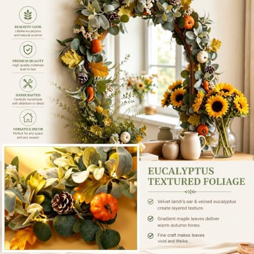 6ft fall garland with lights for autumn mantel on a desk or shelf