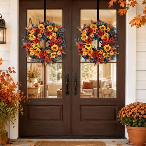 blosmon 24in fall wreaths for front door, sunflower, front angle view