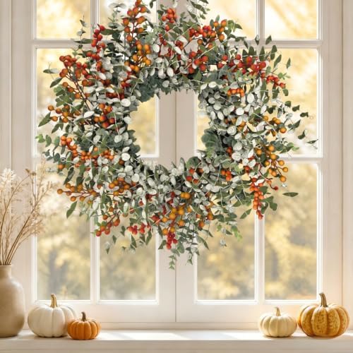 24" fall eucalyptus boxwood wreath, orange berries front, front angle view
