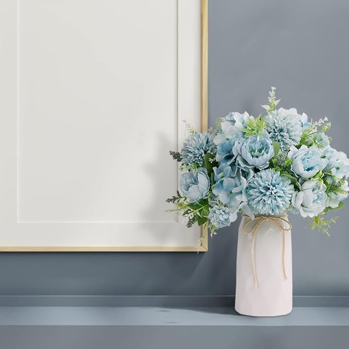LESING Artificial Peony with Vase Silk Flowers Bouquets Fake Hydrangea Bulks for Home Table Centerpieces Wedding Decoration(Blue-1)
