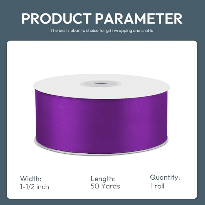 KMER LIFE 1-1/2" Wide x 50 Yards Purple Satin Ribbon - Perfect for Wedding Decor, Crafts, Gift Wrapping & Other Projects
