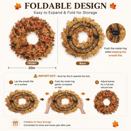 20" fall wreath for front door, artificial maple shown in use