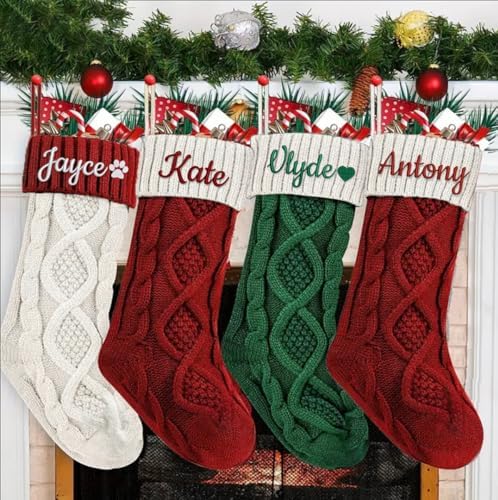 Dreamdecor Personalized Christmas Stockings with Names Monogram, 18” Large Family Knitted Xmas Stocking with Leather Nameplate for Kids, 1 Pack Customized Christmas Stockings for Fireplace Holiday