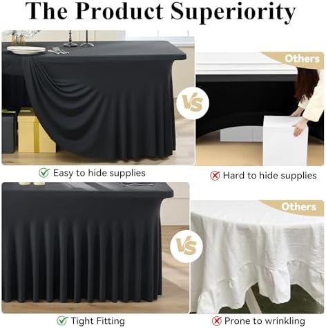 8ft Black Spandex Tablecloth for Rectangle Tables, 4 Pack for Wedding Party