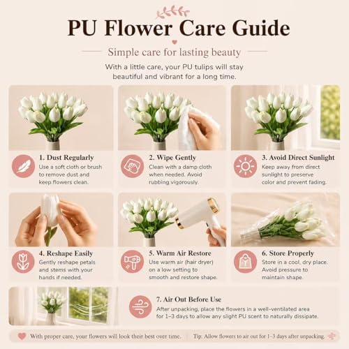 Mandy's 20pcs Artificial White Tulips | 13.5 Inch Lifelike PU Tulips Faux Floral Arrangement for Kitchen Island Dining Table Centerpieces and Home Decor