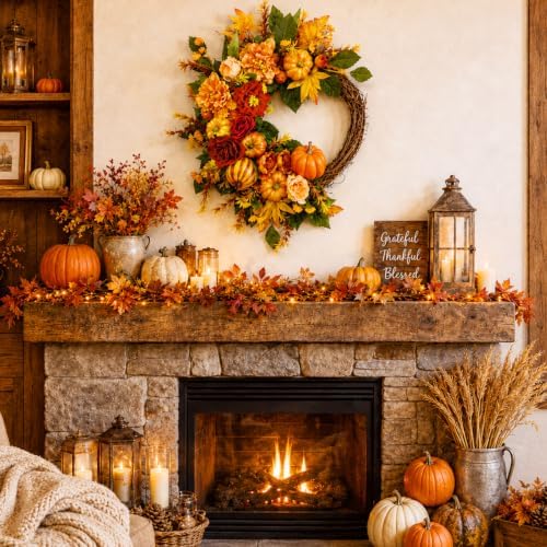 suncalla fall wreath for front door 20" autumn showing dimensions