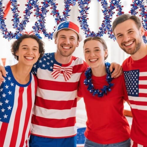 4th of July Red White Blue Star Tinsel Garland - 33 Ft Memorial Day Patriotic Decoration Independence Day Metallic Tree Garland Glitter Tinsel Hanging Twist for Veterans Day Decor