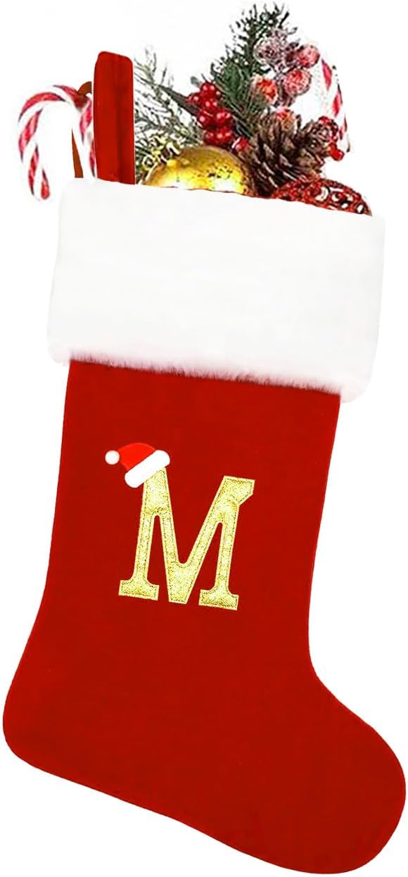 Large Christmas Stockings Monogram Christmas Stocking with Letter Red Velvet Stockings for Christmas Decor Personalized Name Letter (Letter M)