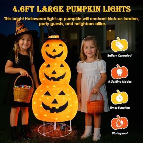halloween pumpkin decorations, battery operated pre-lit collapsible jack-o-lantern shown in use