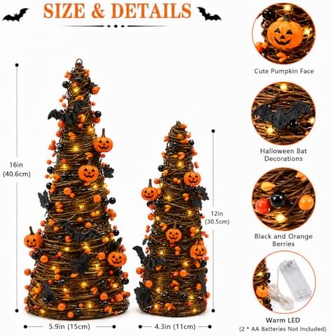 lighted halloween tabletop trees with timer, pumpkin bat showing dimensions
