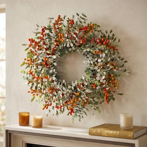 24" fall eucalyptus boxwood wreath, orange berries front showing dimensions