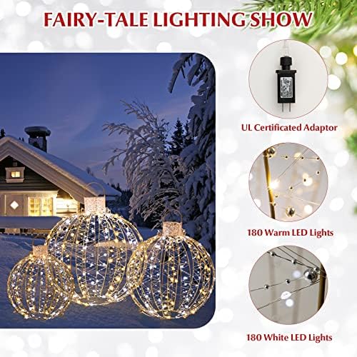 tangkula 3 pack christmas led lighted balls, metal showing dimensions