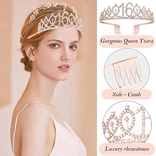 Sweet 16 Birthday Party Decorations for Girls, Sweet 16 Sash and Tiara, Cake Toppers, Number Candles and Balloons, 16th Birthday Gifts for Girls