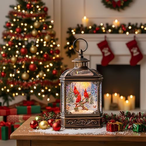 Christmas Snow Globe Water Glittering Cardinal with Music, USB Lined/Battery Operated Lighted Lantern for Christmas Festival Decoration Gifts