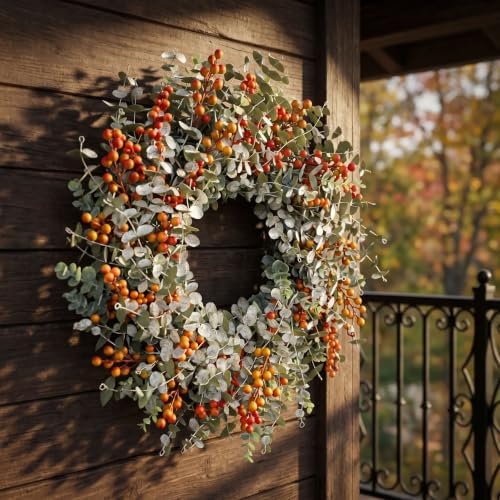 24" fall eucalyptus boxwood wreath, orange berries front on a desk or shelf