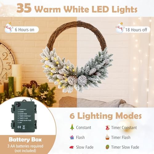 goflame 24” pre-lit artificial christmas wreath, snow flocked, side view