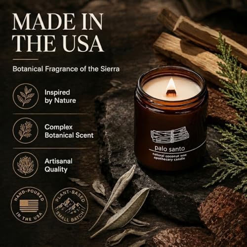 Hemlock Park Palo Santo Apothecary Scented Candle | Crackling Wood Wick, Botanical Fragrance & Coconut Apricot Wax | Up to 60 Hour Burn Time | 8 oz | Made in USA