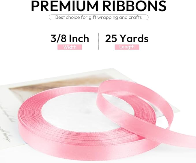 3/8 Inch 25 Yards Satin Ribbon Light Pink, Solid Color Fabric Ribbon for Gift Wrapping, Wedding, Polyester Gift Ribbon for Birthday Party Decoration, Craft, Hair, Floral, Sewing