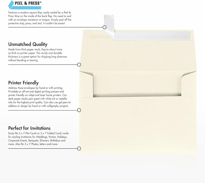 LUXPaper A7 Invitation Envelopes | Peel & Press | 5 1/4" x 7 1/4" | Natural Linen | 80lb. Text | 250 Qty