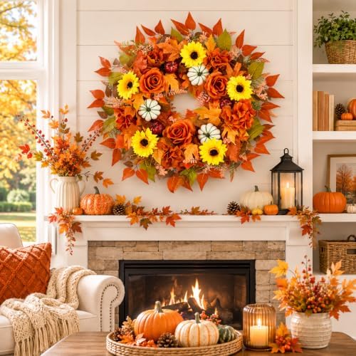 24" fall wreath for front door harvest with showing dimensions